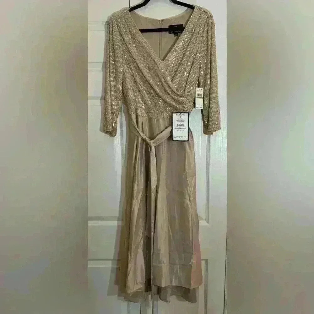 Alex Evenings Size 14 Sequin Bodice & Satin Midi Dress in Taupe NWT - Picture 2 of 4